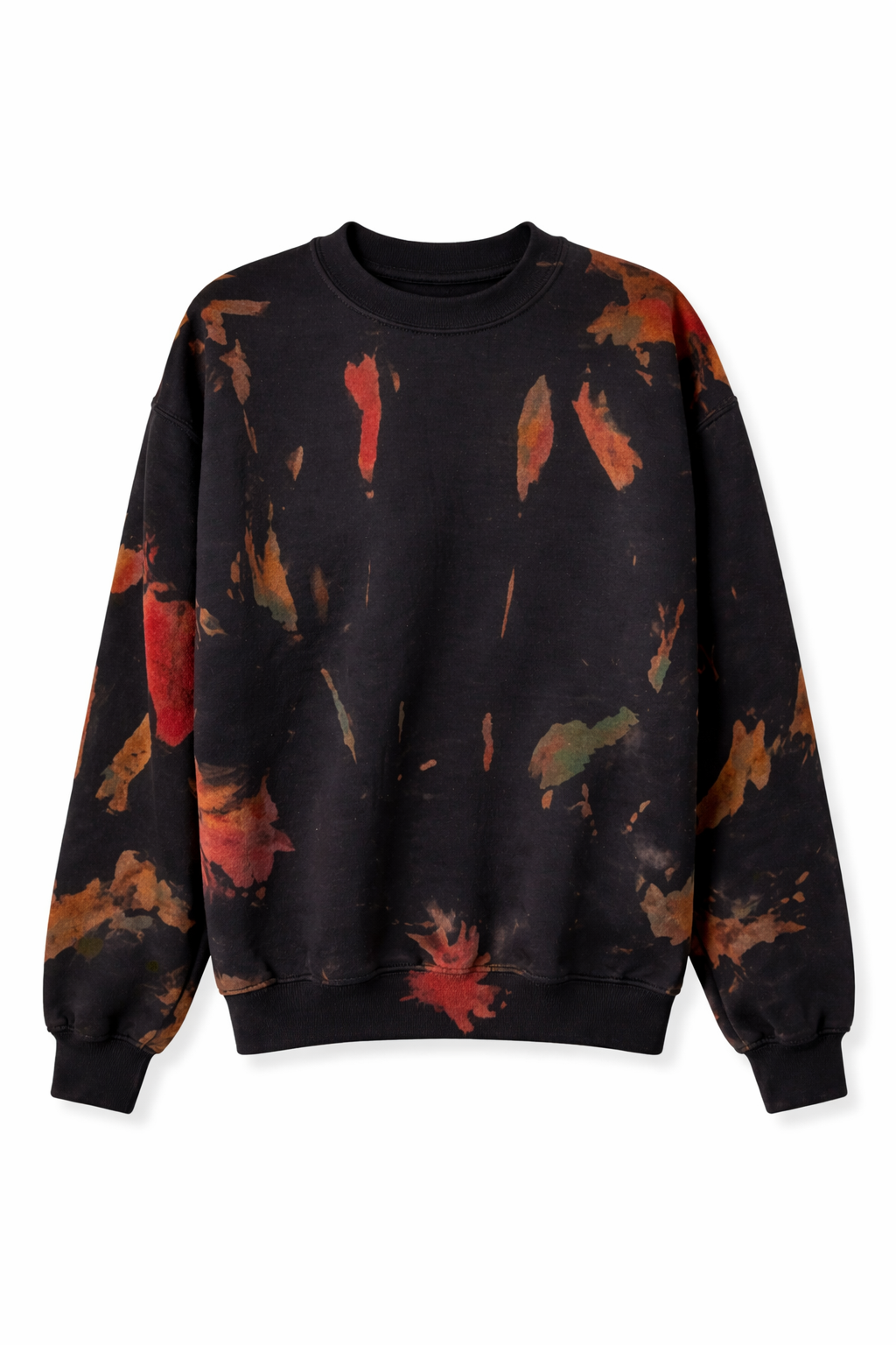 Handmade bleach dyed sweatshirt in black with autumnal orange and rust patterning — g(ART)ments Chicago artisan apparel